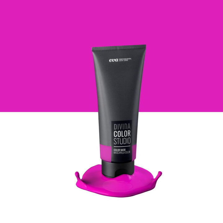 Eva Divina Colour Studio Pink tube on a vibrant background, 200 ml size, vegan-friendly hair color.