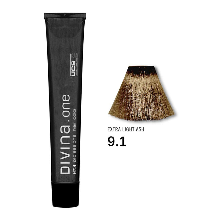 Divina One Light Ash Blonde 9.1 permanent hair color tube with hair swatch.