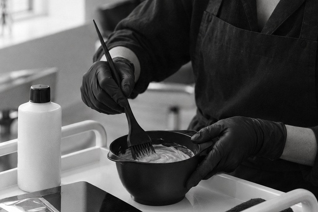 Colourist mixing permanent hair colour in a salon
