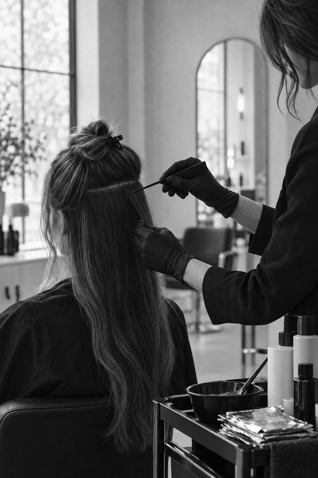 Hairdresser sectioning a client's hair before a colour service
